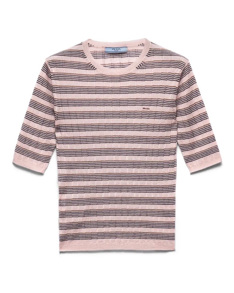 Prada Kurzärmeliger Gestreifter Rundhalspullover Aus Kaschmir Und Seidenstrick, Damen, Rosa/blau, Größe Rosa