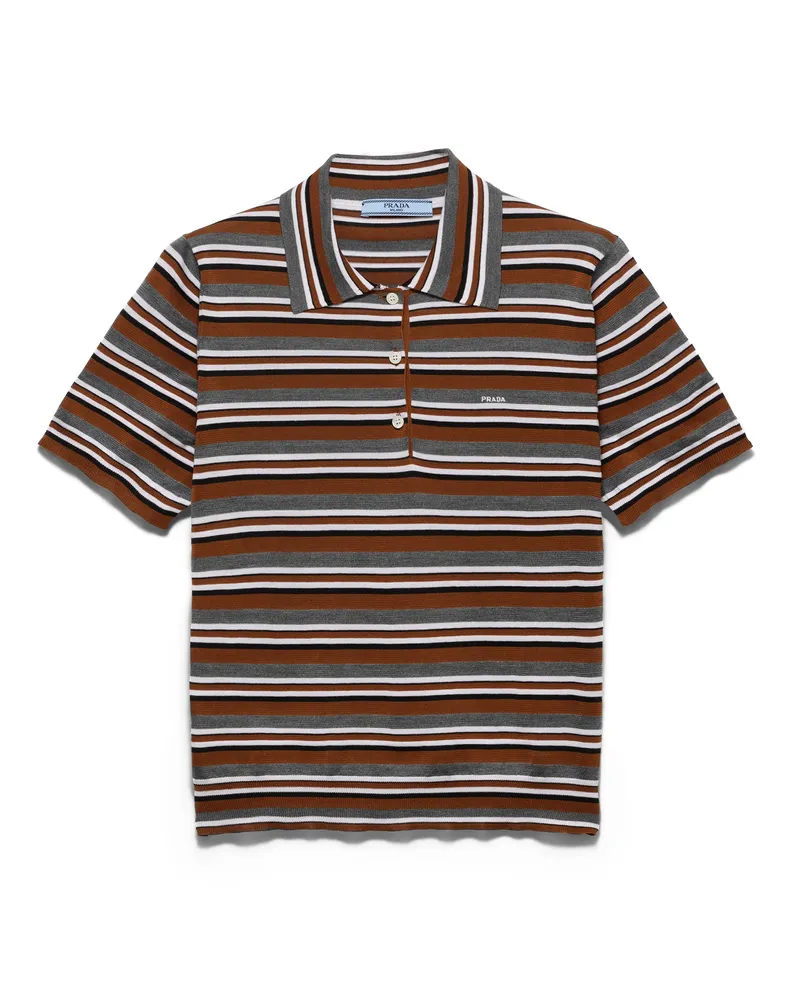 Prada Kurzärmliges Gestreiftes Poloshirt Aus Baumwolle, Damen, Rost/schiefer, Größe Rost