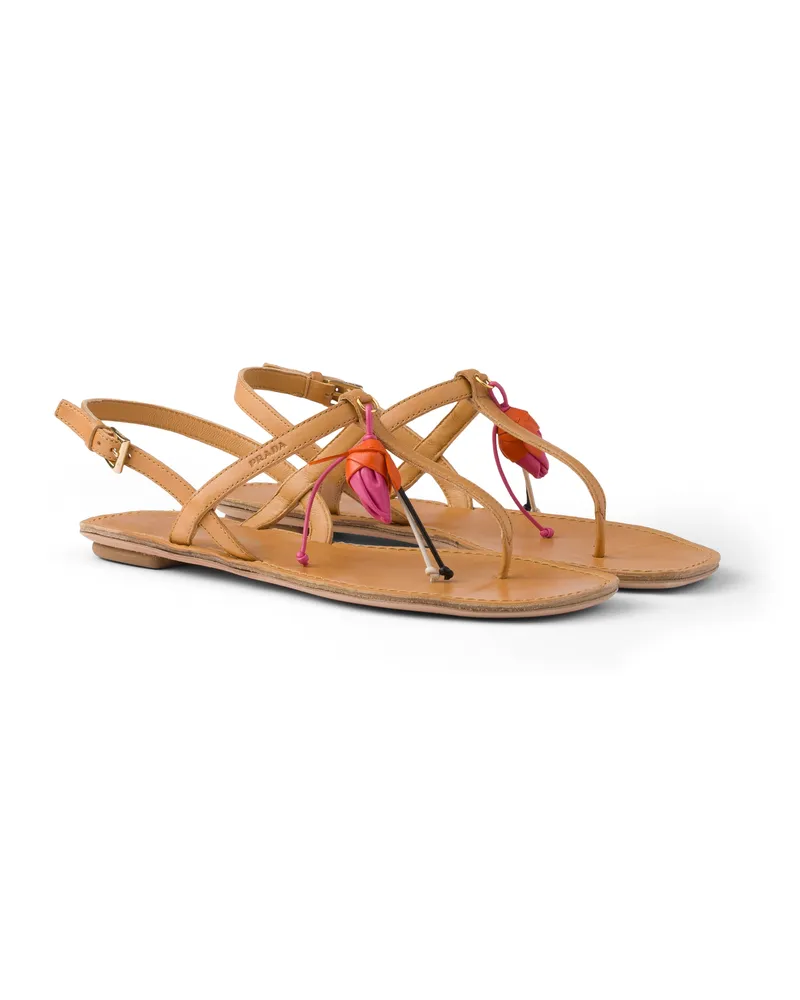 Prada Zehentrenner-sandalen Aus Antikisiertem Leder Mit Blumenverzierung, Damen, Natur, Größe Natur