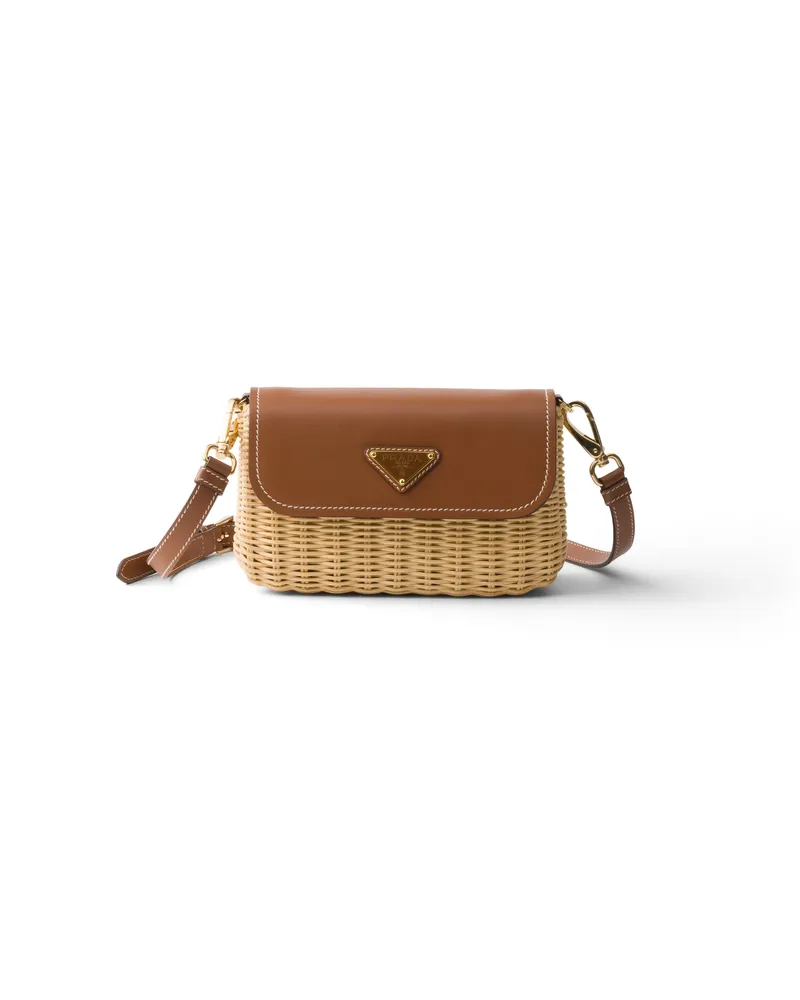 Prada Kleine Schultertasche Aus Korbgeflecht Und Leder, Damen, Beige/cognac Beige