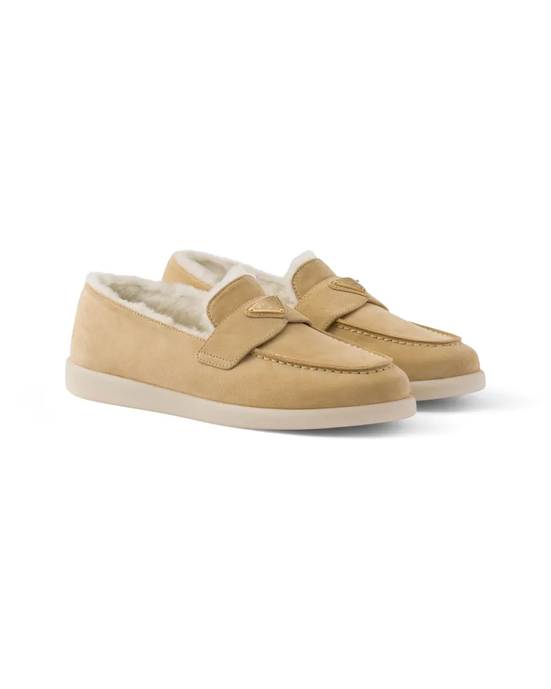 Prada Loafer Aus Wildleder Und Lammfell, Damen, Ecru, Größe Ecru