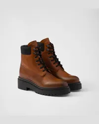 Prada Stiefeletten aus Leder und Re-Nylon Cognac