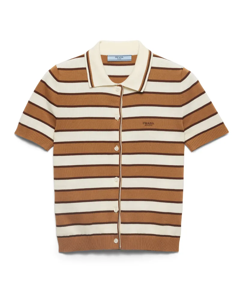 Prada Gestreifte Kurzarm-strickjacke Aus Baumwolle, Damen, Kamel/natur, Größe Kamel