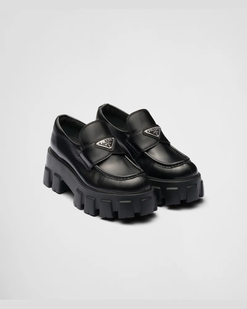 Prada Monolith Mokassins Aus Gebürstetem Leder, Damen, Schwarz, Größe Schwarz