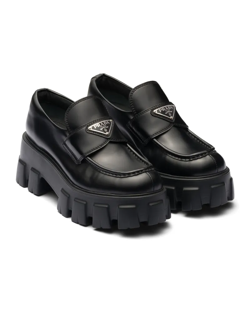 Prada Monolith Mokassins Aus Gebürstetem Leder, Damen, Schwarz, Größe Schwarz