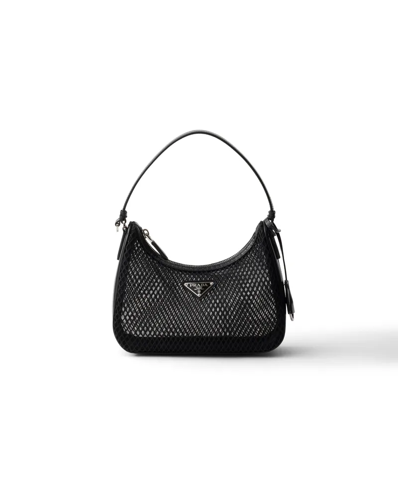 Prada Re-edition 2005 Tasche Aus Mesh Und Gebürstetem Leder, Damen, Schwarz Schwarz