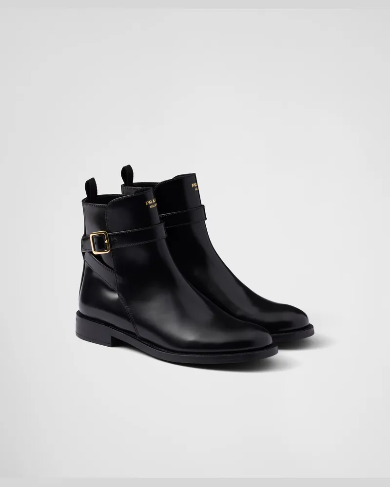 Prada Ankle Boots aus gebürstetem Leder mit Riemen Schwarz