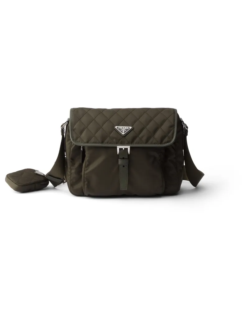 Prada Mittelgroße Gesteppte Schultertasche Aus Re-nylon Mit Besatz Aus Saffiano-leder, Damen, Waldgrün Waldgrün