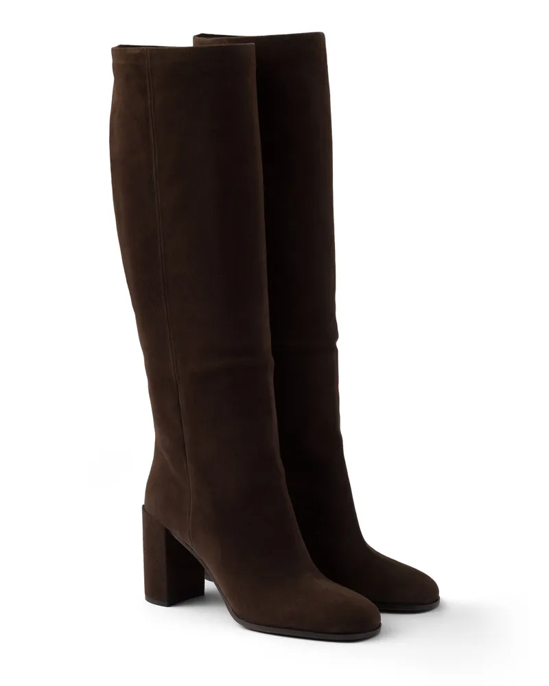 Prada Stiefel Aus Wildleder Mit Absatz, Damen, Dunkelbraun, Größe Dunkelbraun
