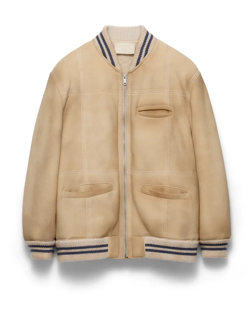 Prada Bomberjacke Aus Schafsleder, Damen, Elfenbein/elfenbein, Größe Elfenbein