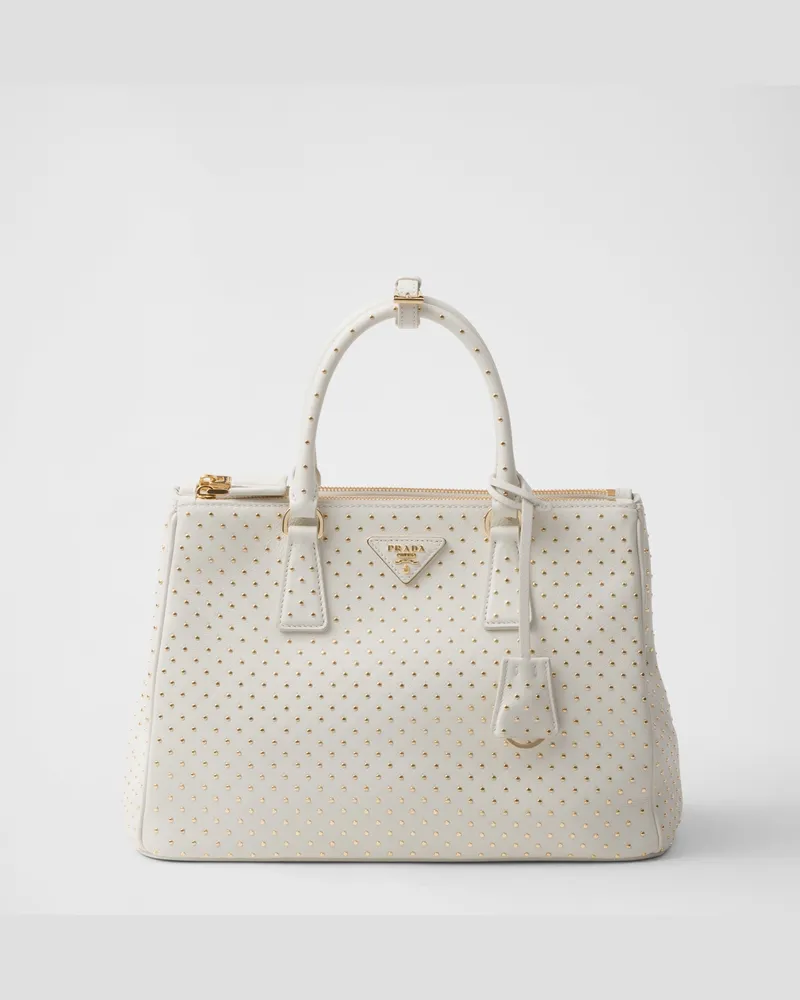 Prada Große  Galleria Tasche aus Leder mit Nieten Weiss