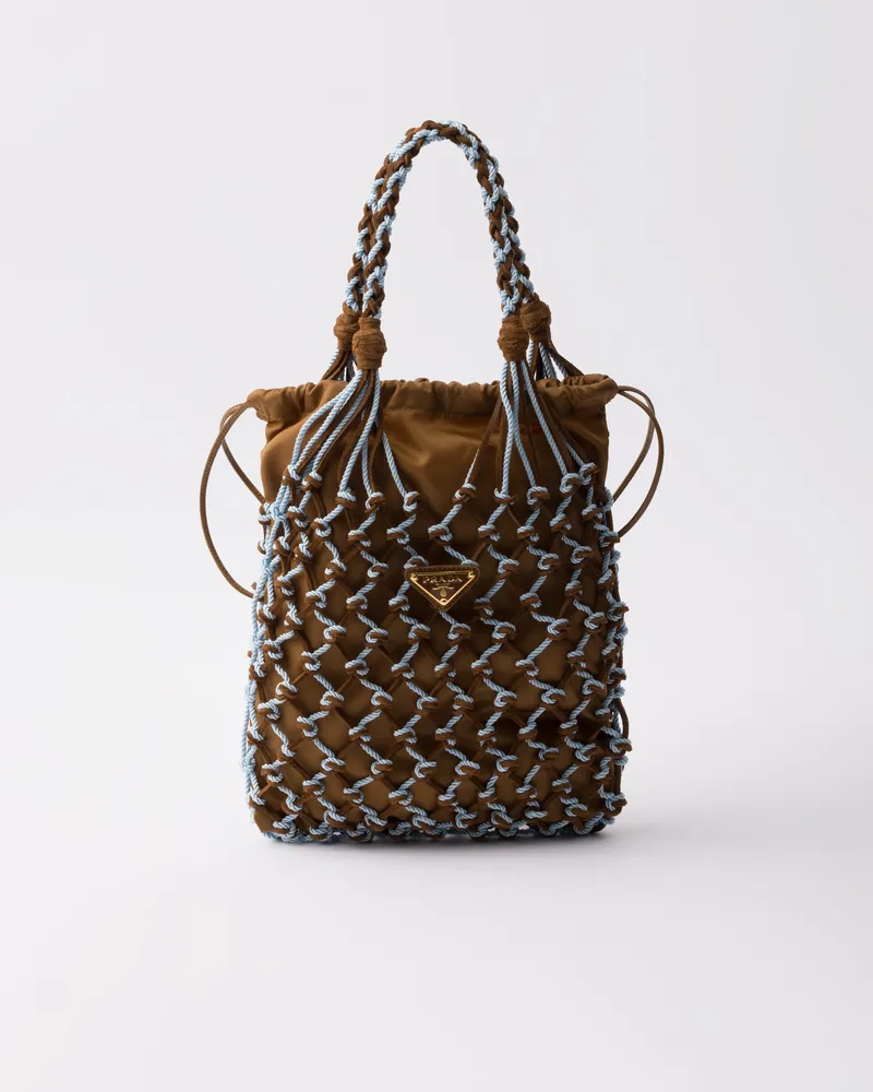 Prada Noué Kleine Tasche aus Makramee und Wildleder Kakaobraun