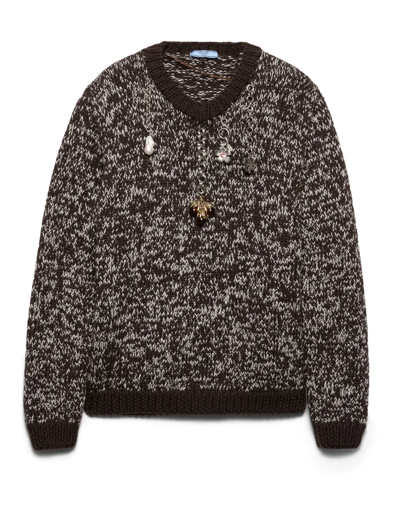 Prada Rundhalspullover Aus Wolle Mit Anhängern, Damen, Dunkelbraun/hellbraun, Größe Dunkelbraun