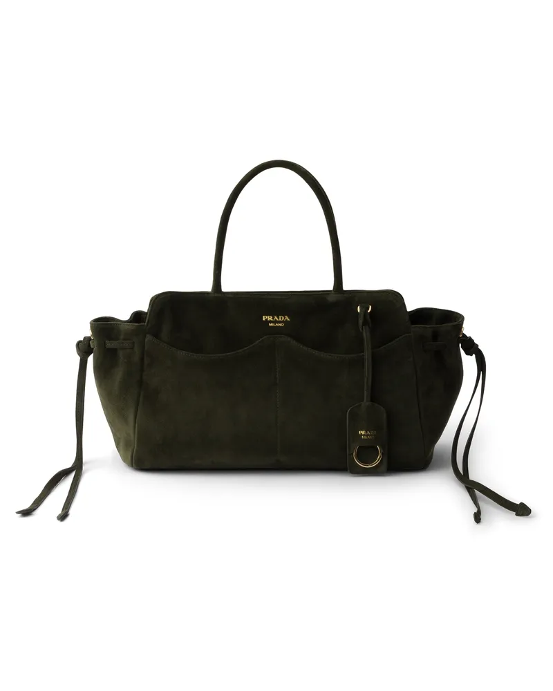 Prada Große  Carry Tasche Aus Veloursleder, Damen, Waldgrün Waldgrün