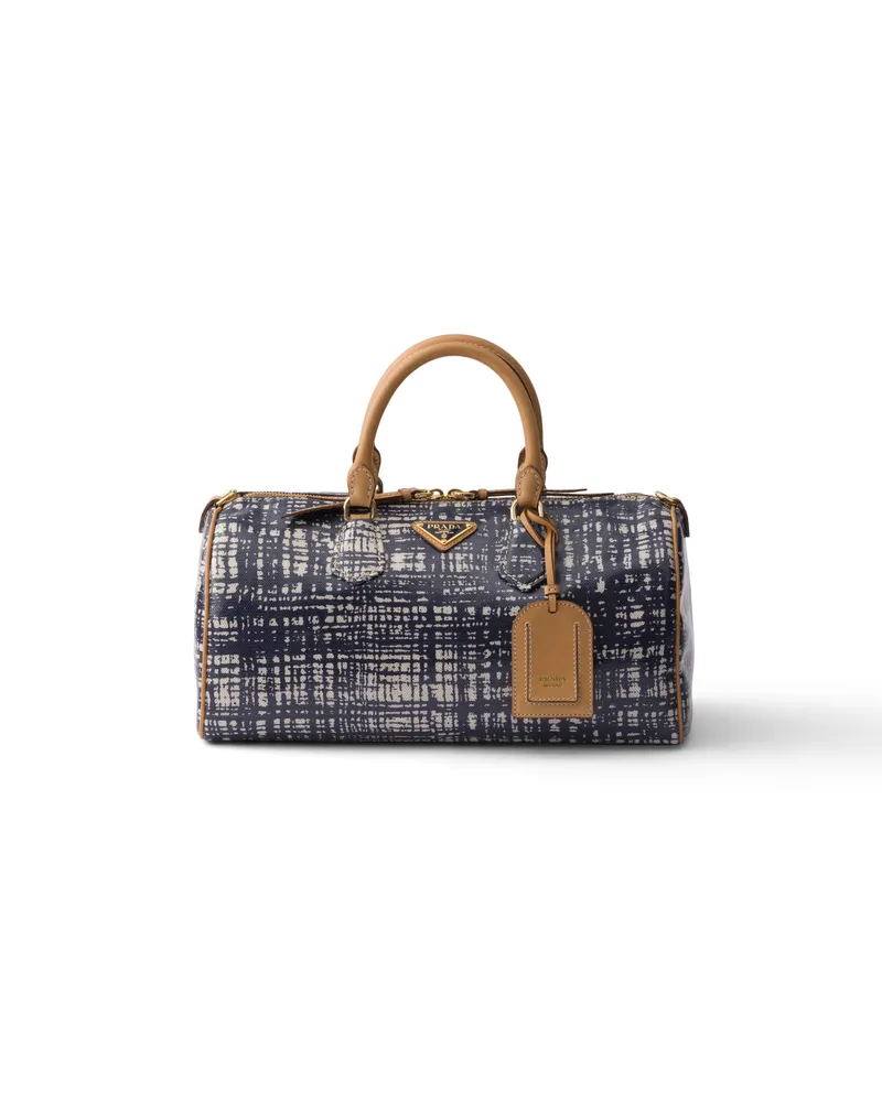 Prada Mittelgroße Henkeltasche Aus Leinenmischgewebe Und Leder, Damen, Ostseeblau Ostseeblau
