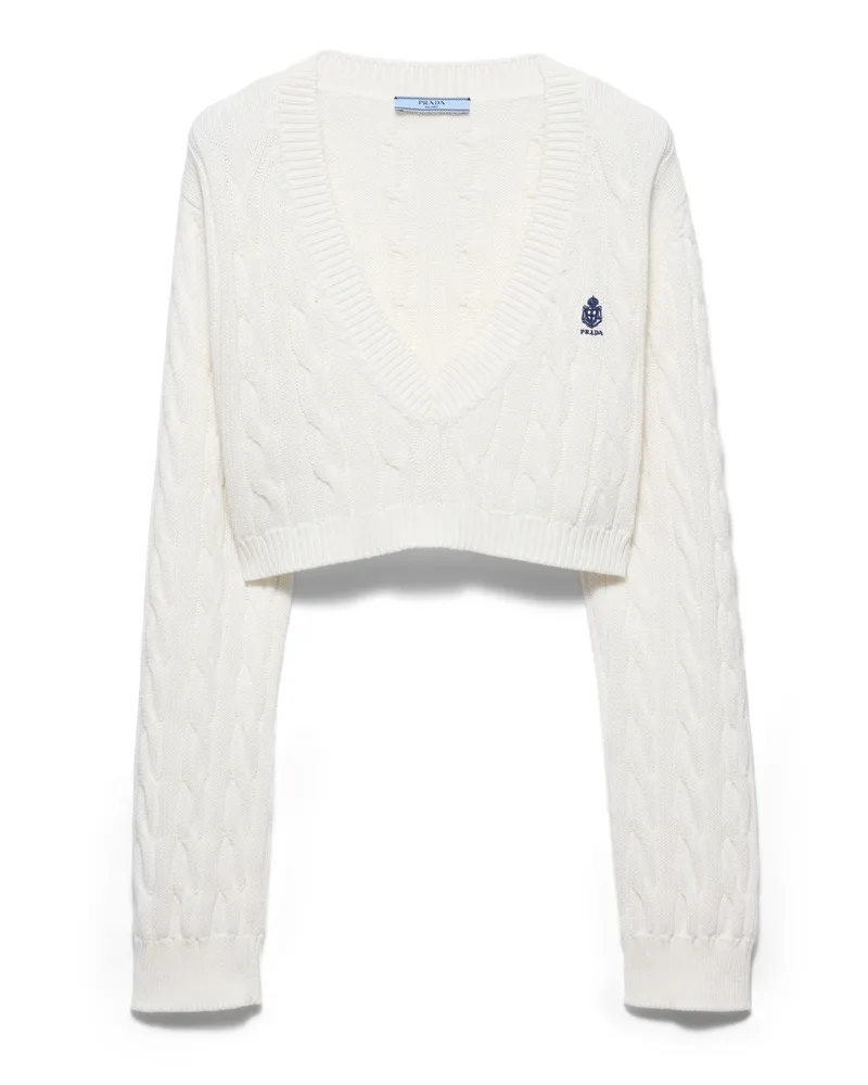Prada Pullover Aus Baumwolle Mit V-ausschnitt, Damen, Weiss, Größe Weiss