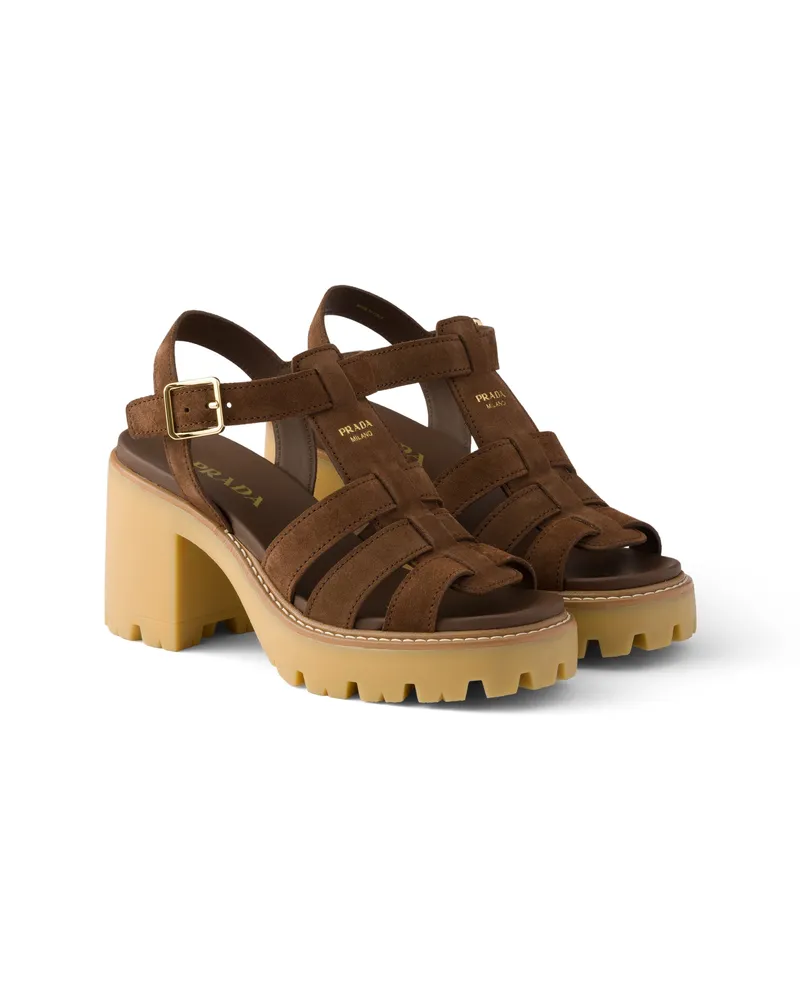 Prada Plateausandalen Aus Veloursleder Mit Absatz, Damen, Kakaobraun, Größe Kakaobraun