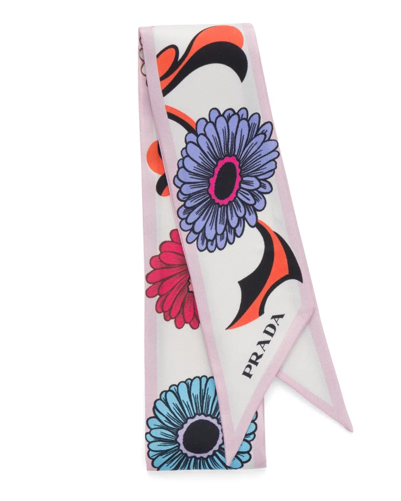 Prada Schal Aus Seidentwill Mit Print, Damen, Weiss Weiss