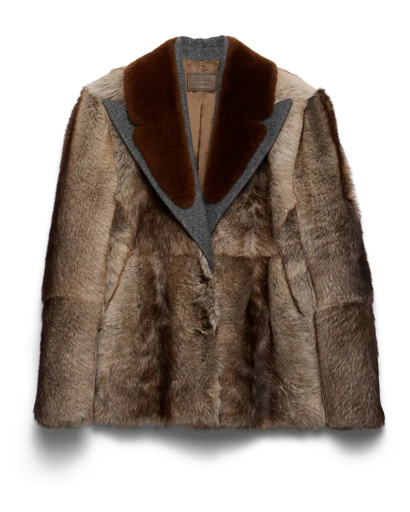 Prada Mantel Aus Lammfell Und Stoff, Damen, Lehmgrau, Größe Lehmgrau