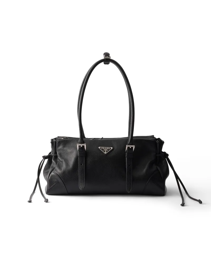 Prada Mittelgroße Tote Bag Aus Gealtertem Leder, Damen, Schwarz Schwarz