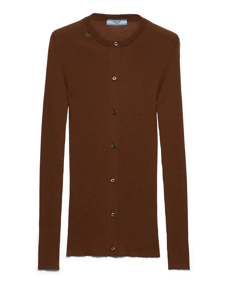 Prada Cardigan Aus Rippstrickwolle, Damen, Tabak, Größe Tabak