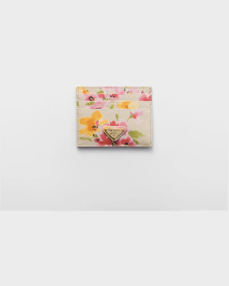 Prada Kartenetui aus Saffiano-Leder mit Blumenmuster Wachsweiss