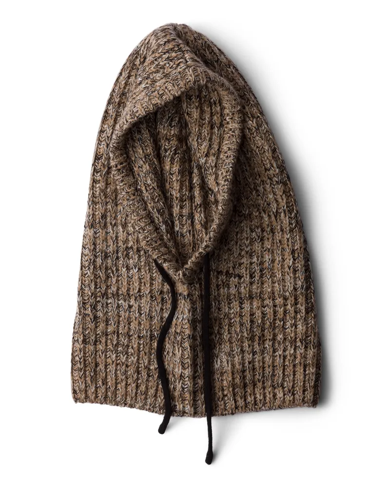 Prada Mélange-strickkapuze, Damen, Kamel/schwarz Kamel