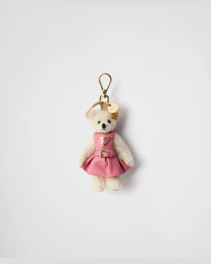 Prada Teddy-Taschenanhänger mit Ring aus Metall Weiss