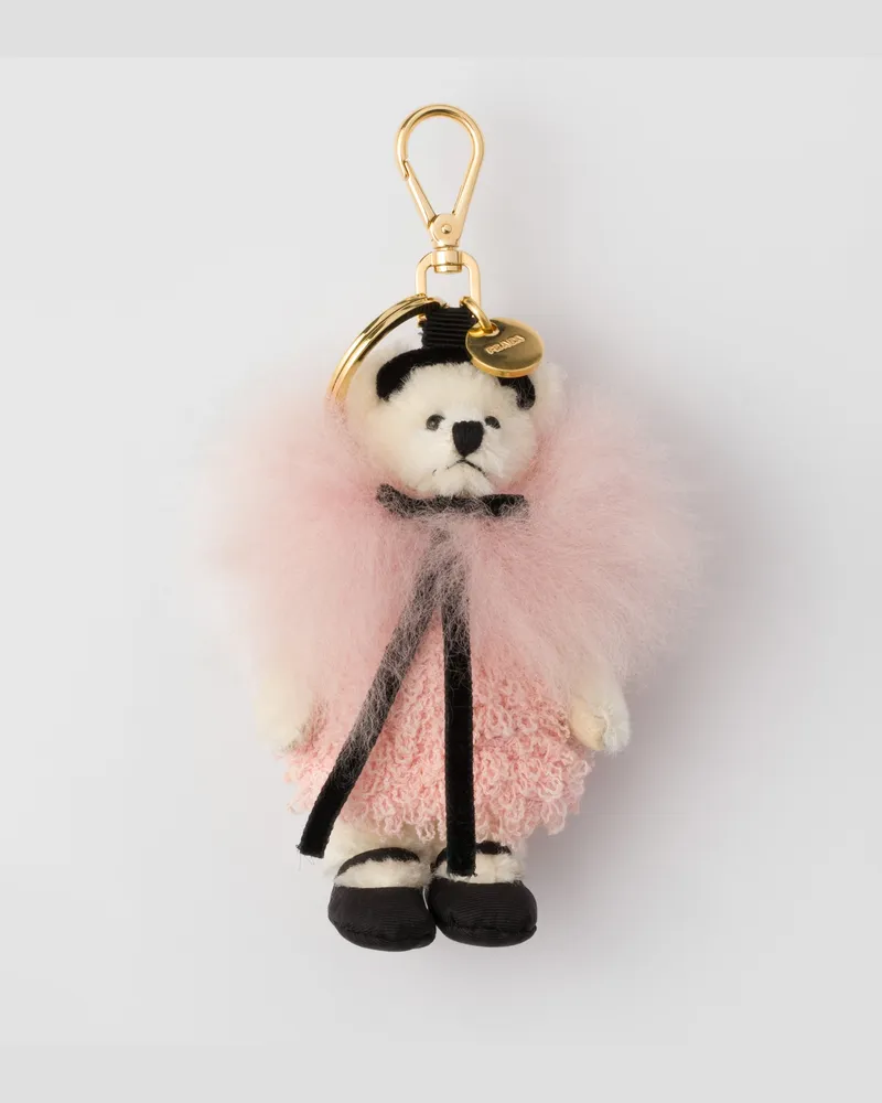 Prada Teddybär-Taschenanhänger mit Ring aus Metall Weiss
