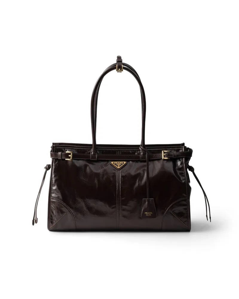 Prada Große  Bonnie Handtasche Aus Leder, Damen, Dunkelbraun Dunkelbraun