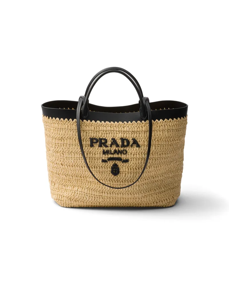 Prada Mittelgroße Tote Bag Aus Häkelarbeit Und Leder, Damen, Hellbraun/schwarz Hellbraun