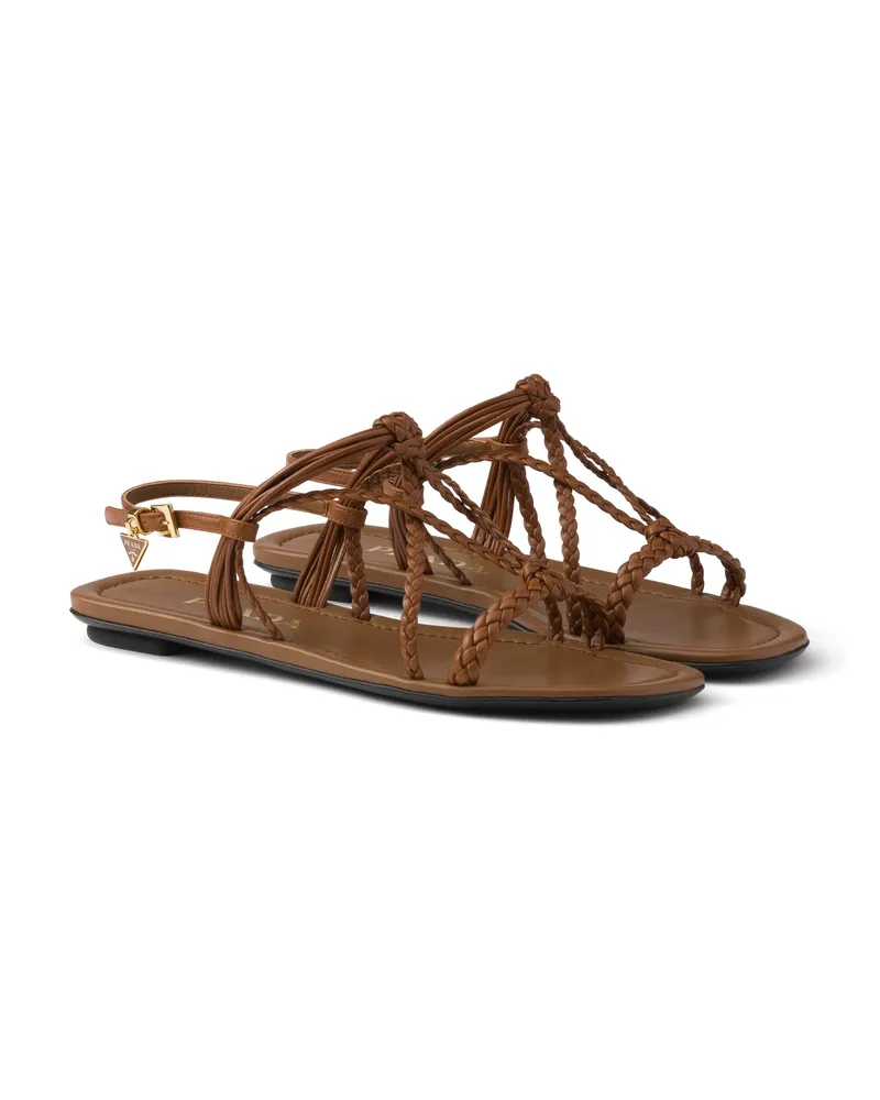 Prada Flache Sandalen Aus Leder, Damen, Hellbraun, Größe Hellbraun