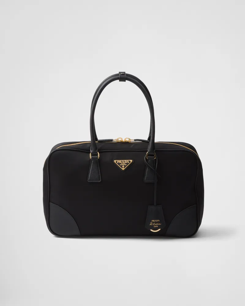 Prada Große  Re-Edition 1978 Tasche mit zwei Griffen aus Re-Nylon und Saffiano-Leder Schwarz
