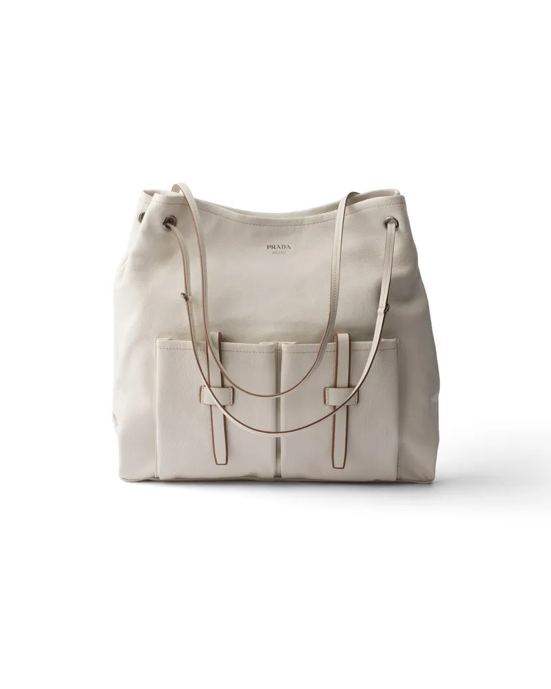 Prada Große  Route Tasche Aus Leder, Damen, Kalkweiss Kalkweiss