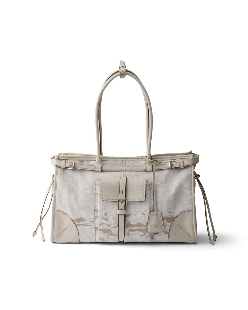 Prada Bonnie Große Handtasche Aus Bedrucktem Leinen Und Leder, Damen, Weiss Weiss