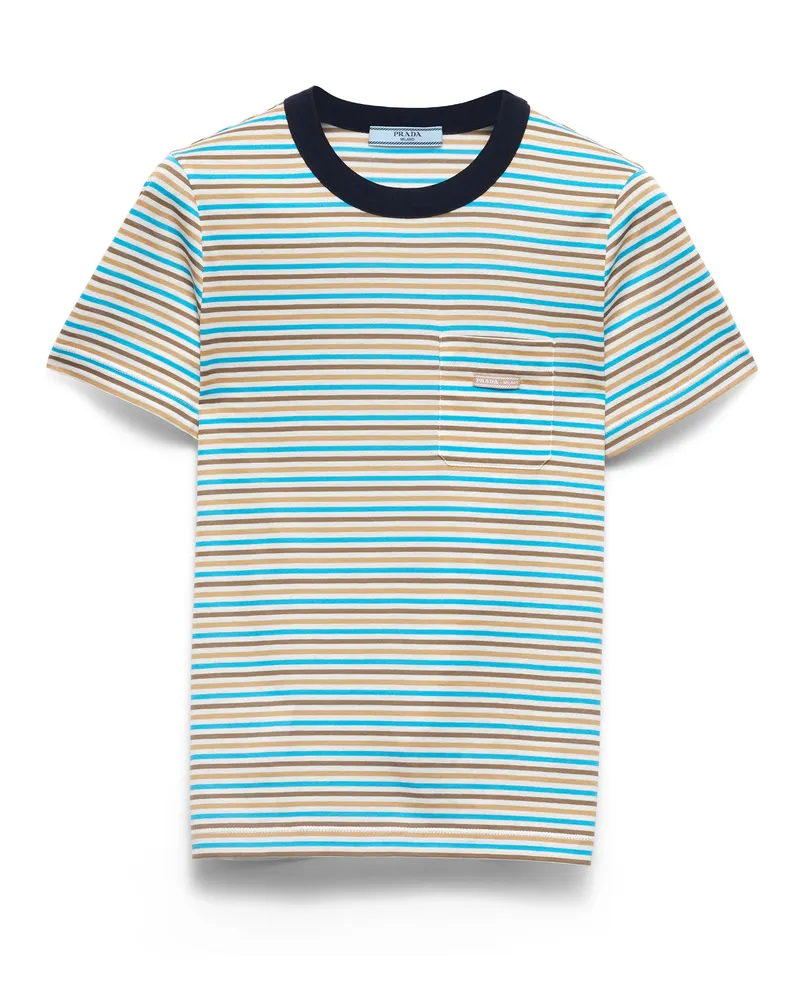 Prada Gestreiftes T-shirt Aus Lisle-baumwolle, Damen, Elfenbein/türkis, Größe Elfenbein
