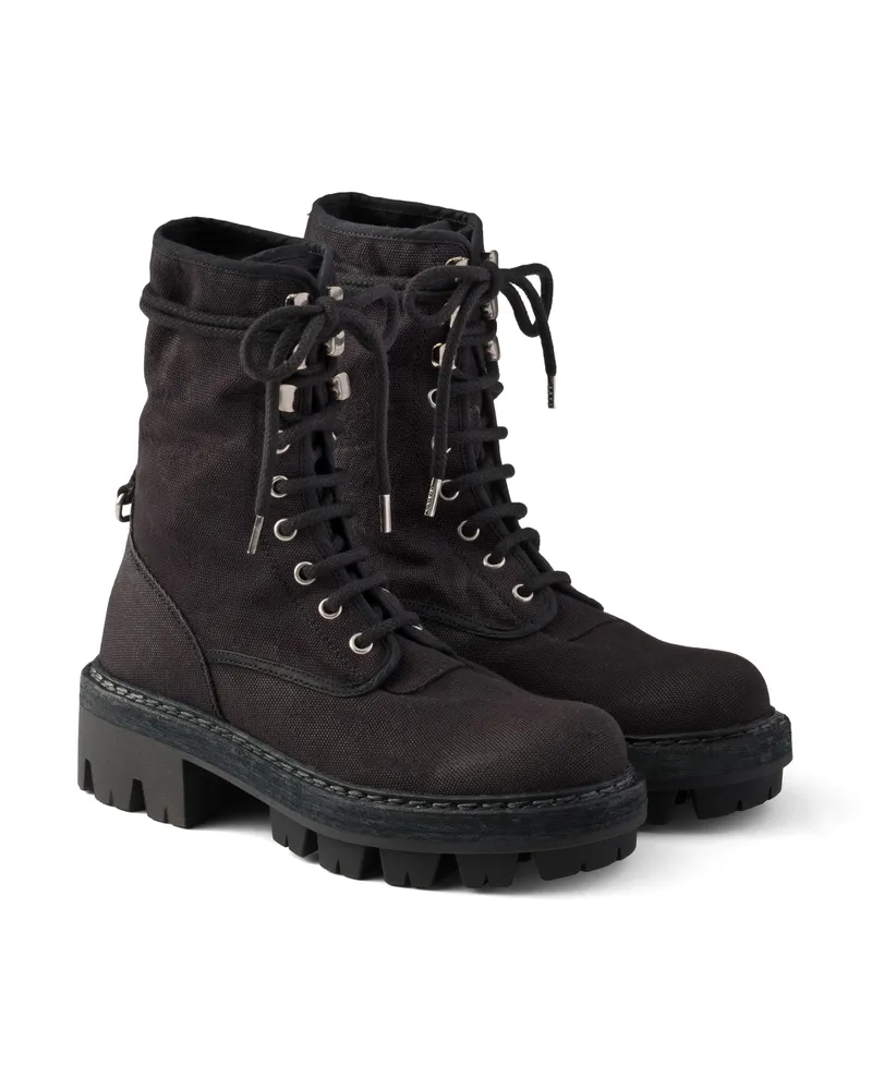 Prada Schnürstiefeletten Aus Canvas Mit Knöchelriemen, Damen, Schwarz, Größe Schwarz
