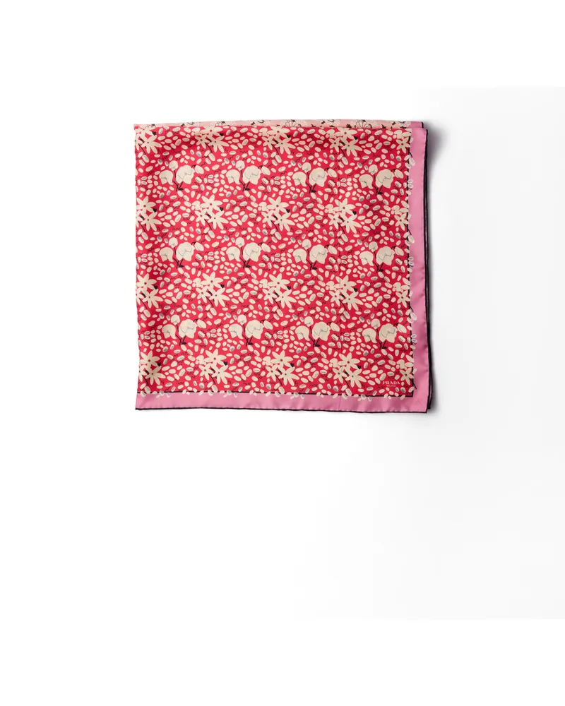 Prada Schal Aus Seiden-twill Mit Print, 90 x 90, Damen, Kamelie/rot Kamelie