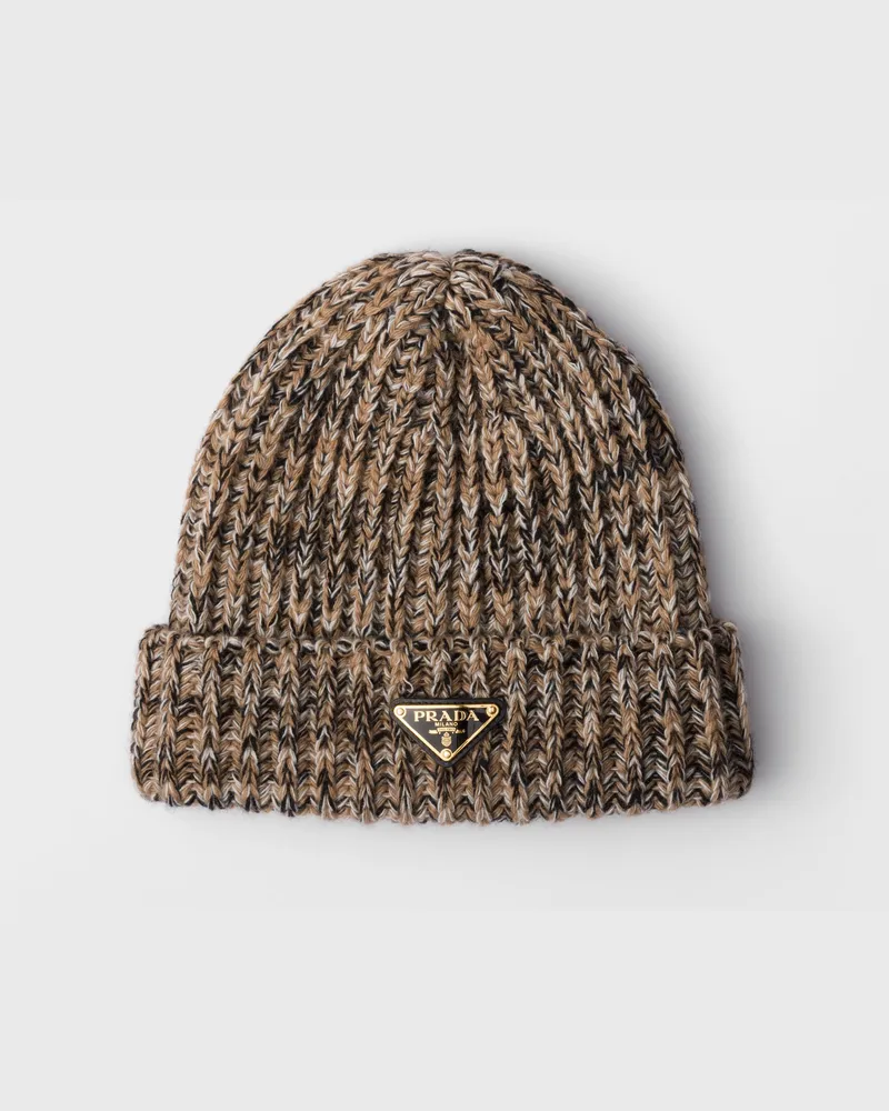 Prada Mélange-Strickmütze Kamel