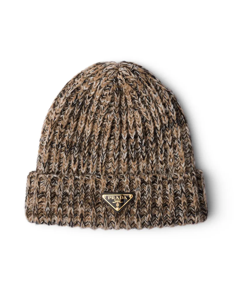Prada Mélange-strickmütze, Damen, Kamel/schwarz, Größe Kamel