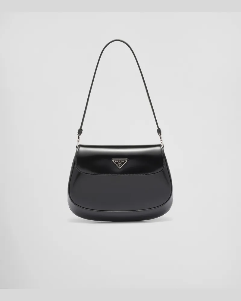Prada Kleine  Cleo Schultertasche aus gebürstetem Leder mit Klappe Schwarz