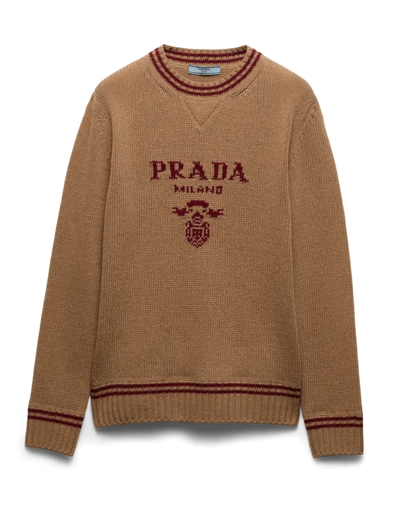Prada Rundhalspullover Aus Wolle Und Kaschmir, Damen, Kamel/amaranth, Größe Kamel
