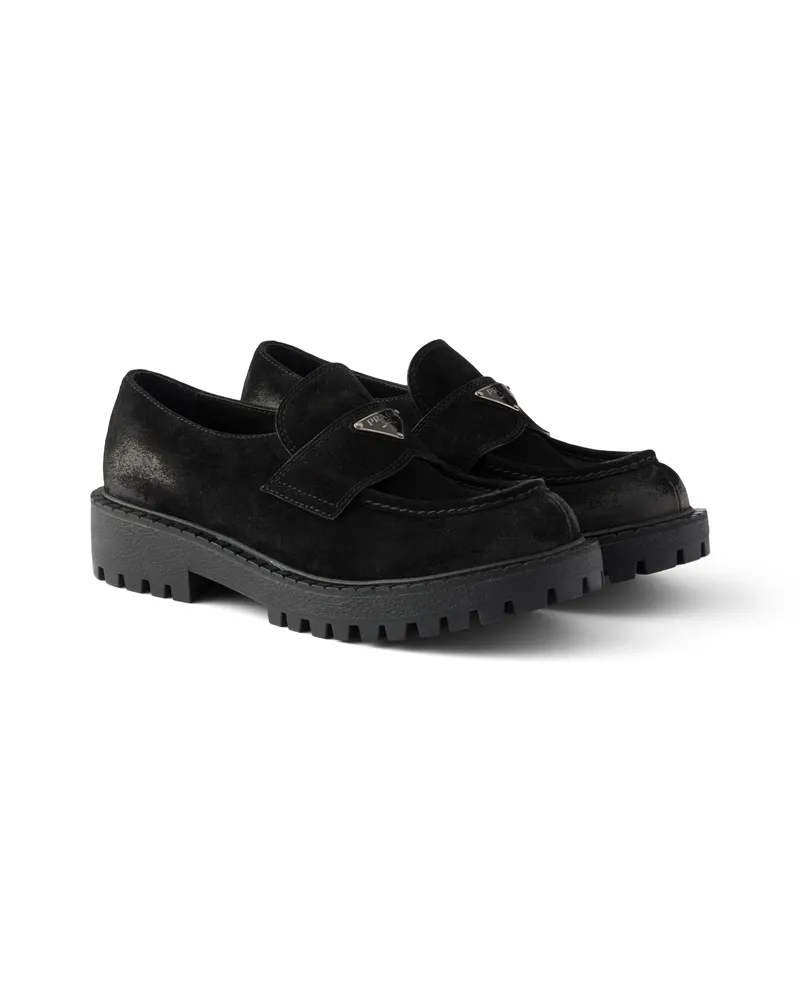Prada Loafer Aus Gealtertem Wildleder, Herren, Schwarz, Größe 11,5 Schwarz