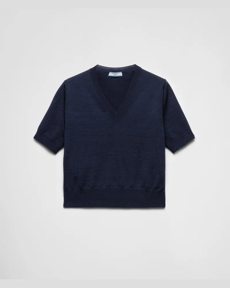 Prada Pullover aus Wolle mit V-Ausschnitt Blau