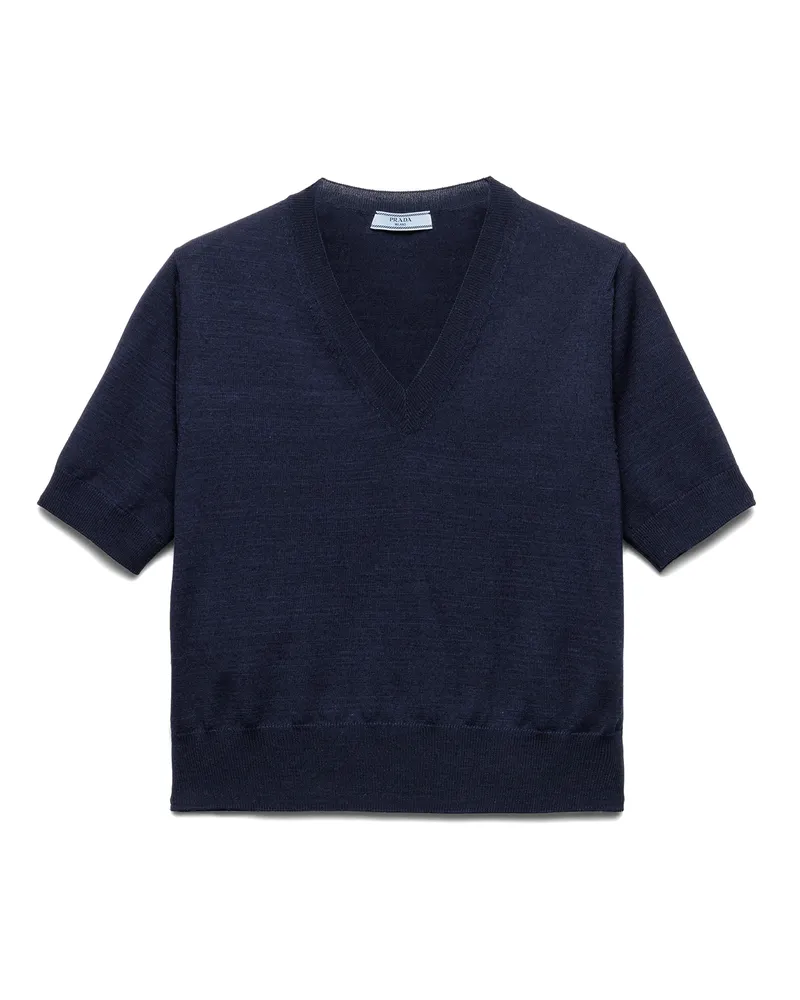 Prada Pullover Aus Wolle Mit V-ausschnitt, Damen, Blau, Größe Blau