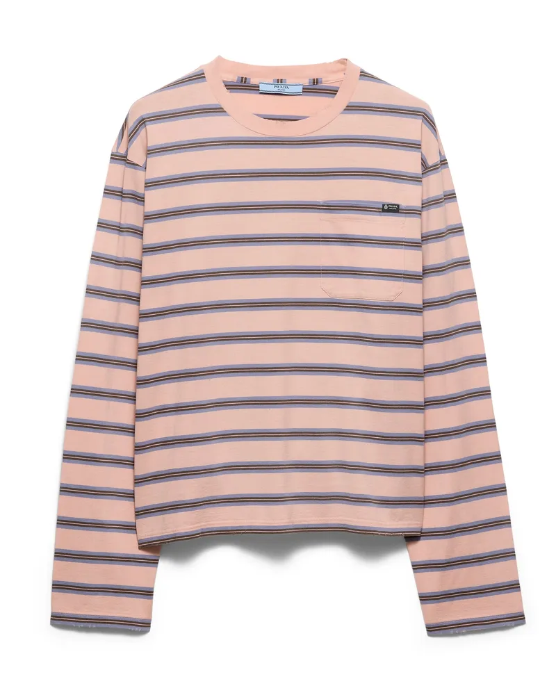 Prada Langärmliges Gestreiftes T-shirt Aus Baumwoll-jersey, Damen, Pfirsich/immergrün, Größe Pfirsich