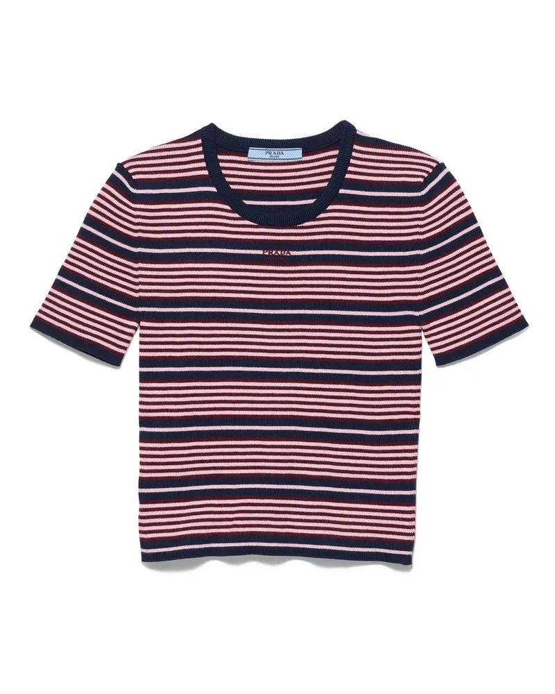 Prada Kurzärmliger Gestreifter Pullover Aus Baumwolle, Damen, Marine/blütenblatt, Größe Marine