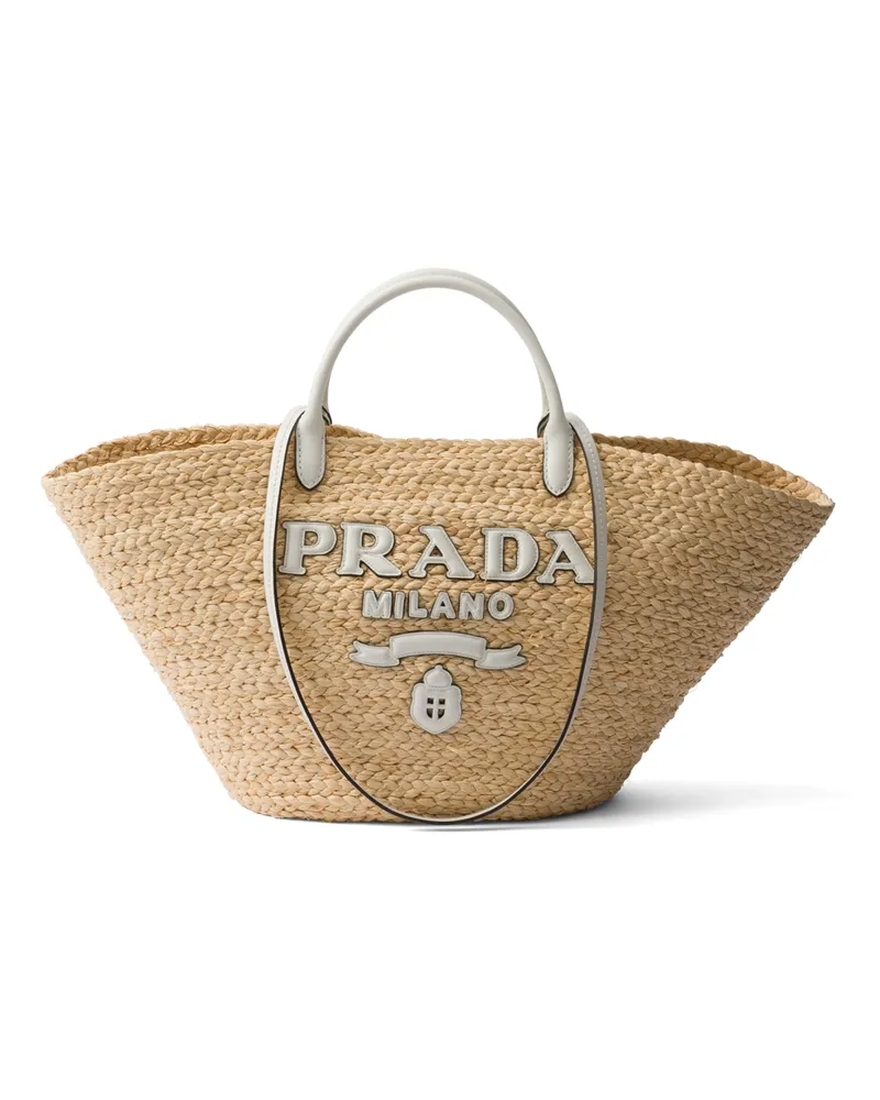 Prada Großer Shopper Aus Raphiabast Und Leder, Damen, Hellbraun/weiss Hellbraun
