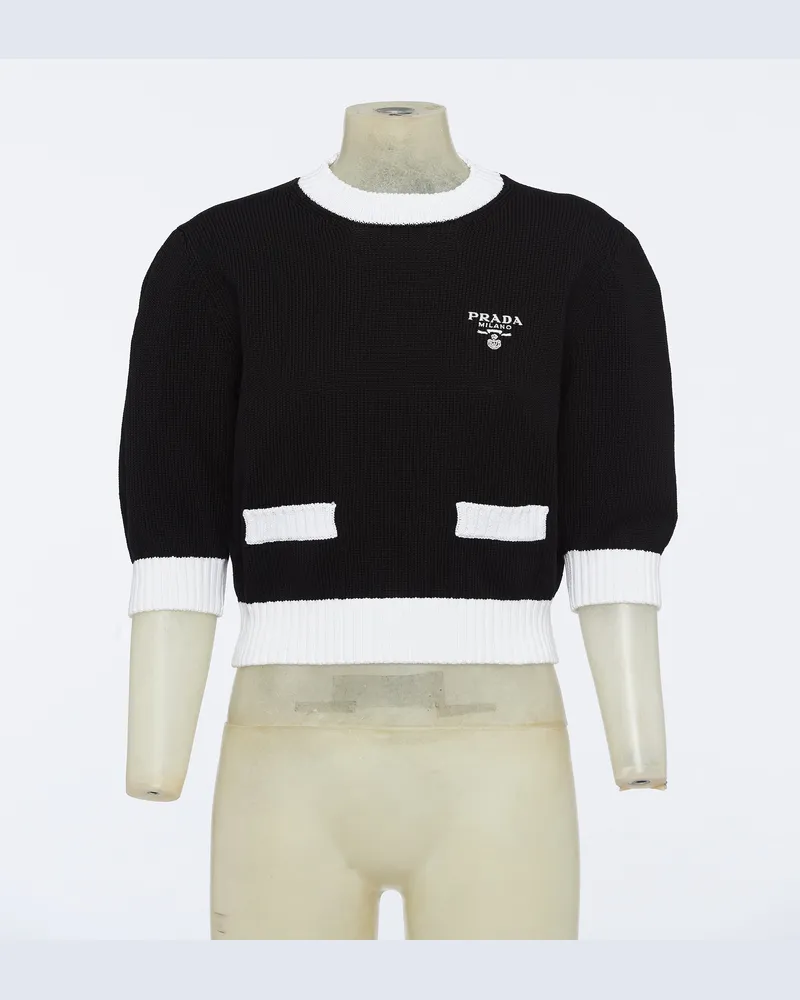 Prada Rundhalspullover Aus Baumwolle, Damen, Schwarz/weiss, Größe Schwarz