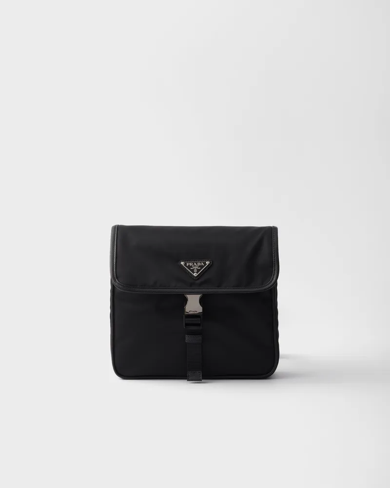 Prada Schultertasche aus Re-Nylon und Saffiano-Leder Schwarz